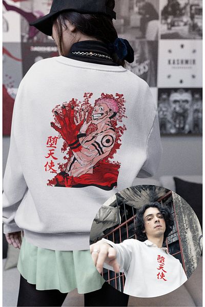 Fuddy Moda Unisex Sukuna Red Back Printed Hoodless Sweatshirt, Oversize Anime Jujutsu Kaisen Sweatshirt