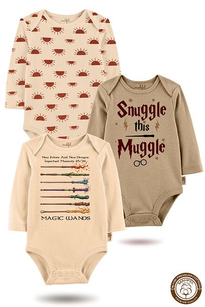 MAHFEL 100% Cotton 3-Piece Organic Printed Snap Fastener Baby Bodysuit