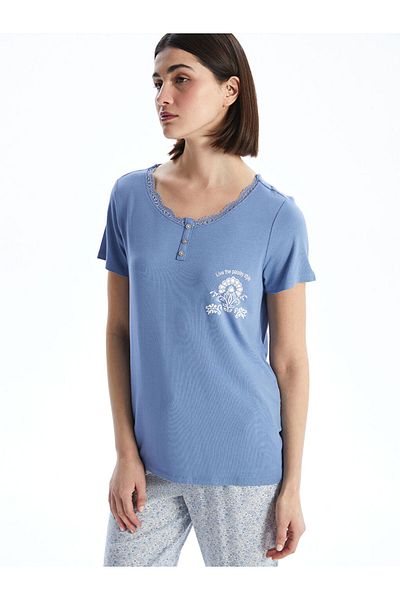 LC Waikiki Set pijamale pentru femei LCW DREAM albastru cu decolteu în U