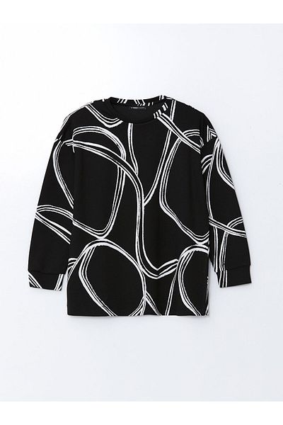 LC Waikiki Lcwaikiki Basic Black Crew Neck Print Oversize Women's Sweatshirt