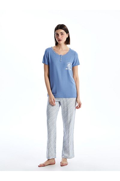 LC Waikiki Set pijamale pentru femei LCW DREAM albastru cu decolteu în U