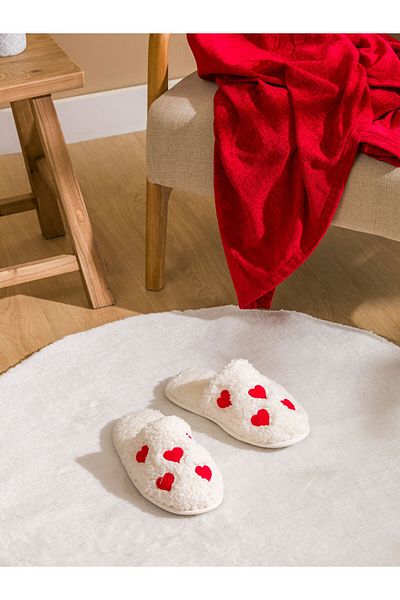 LC Waikiki Lcw Home Red Heart Embroidered Plush Women's House Slippers