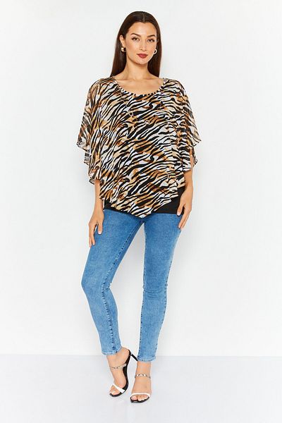 Alfred Dunner Women Boat Neck Cape Sleeve Zebra Print Top, Black Combo