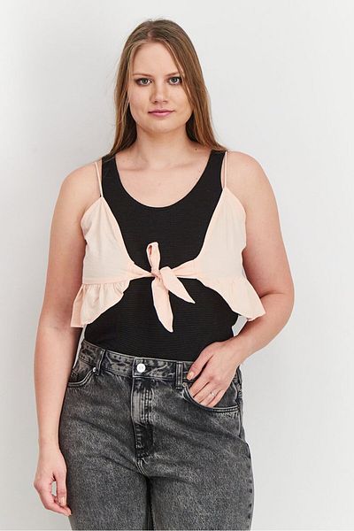 Don't Call Me Jennyfer Women Plunge Neck Sleeveless Textured Ruffle Hem Crop Top, Peach