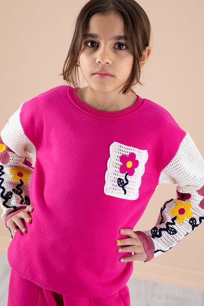 Cansın Mini Fuchsia Floral Embroidery Sleeves Lace Raster Girls Tracksuit Set 20238