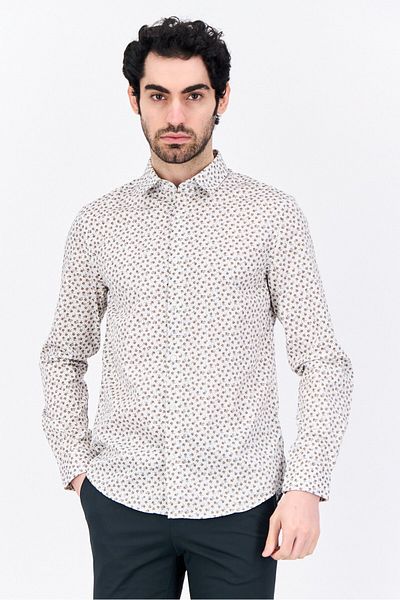 Jules Men Regular Fit Allover Printed Long Sleeves Casual Shirt, White Combo