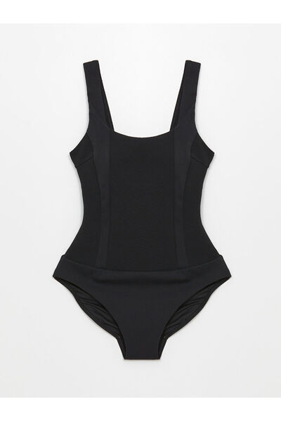 LC Waikiki Μαύρο γυναικείο μαγιό με λαιμόκοψη U και επένδυση με επίπεδη ραφή