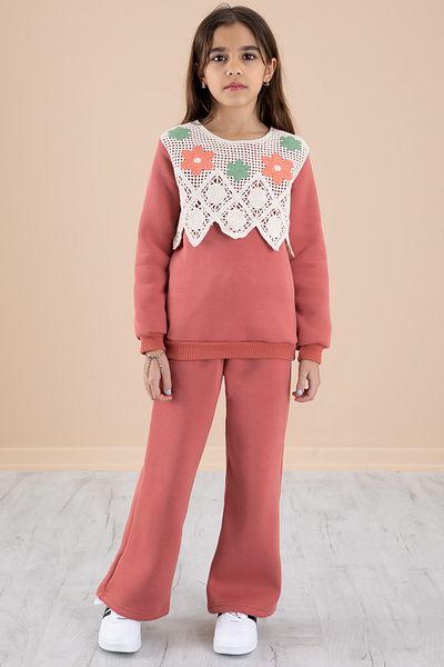Cansın Mini Tile Lace Embroidered Raster Wide Leg Girl's Tracksuit Set 20239
