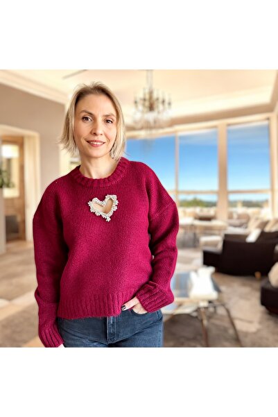 Aylish Bordo Önü Taşlı Kalp Detaylı Triko Kazak
