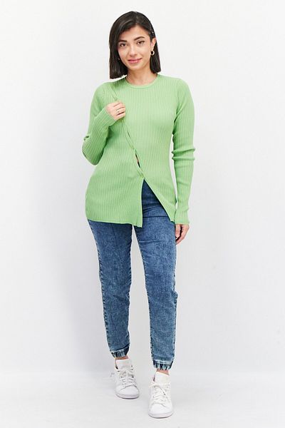 collusion Women Round Neck Long Sleeves Knitted Top, Green