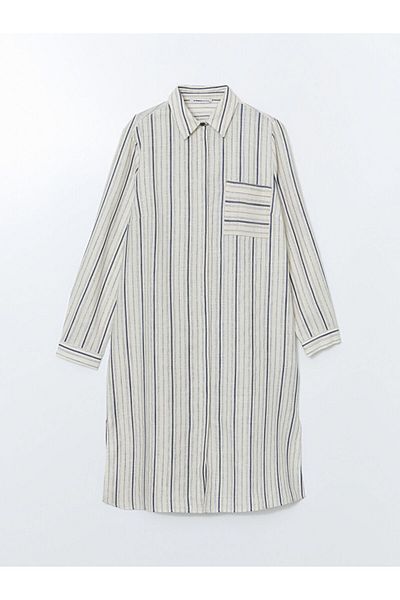 LC Waikiki Lcw Grace Navy Blue Striped Linen Look Women's Shirt Tunic