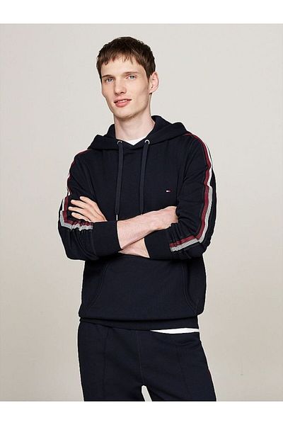Tommy Hilfiger Navy Blue Color Striped Hooded Collar Men's Sweatshirt - Sleeve Detail Mw0Mw37225-Dw5