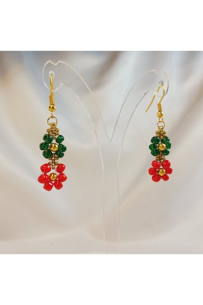 Crystal Atelier Handmade Christmas Flower Kokina Earrings – Christmas Themed Beaded Red Green Gift Earrings