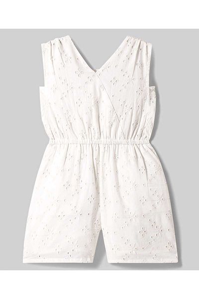 Primo Gino Primo Gino 100% Cotton Woven Sleeveless Short Flared Jumpsuit With Schiffli Design - Off White