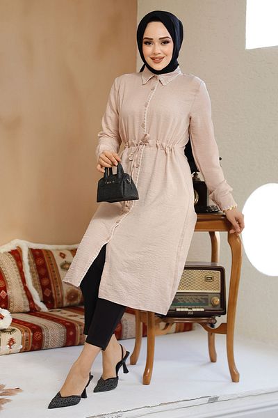Neva Style تونيك حجاب بيج - زر، موديل 10177 بيج