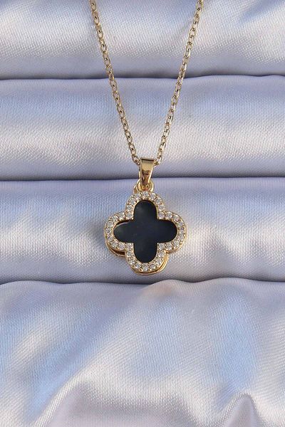 Skygo 316L Steel Gold Color Black Enamel Zircon Stone Clover Figured Necklace - Tj-Bko9198