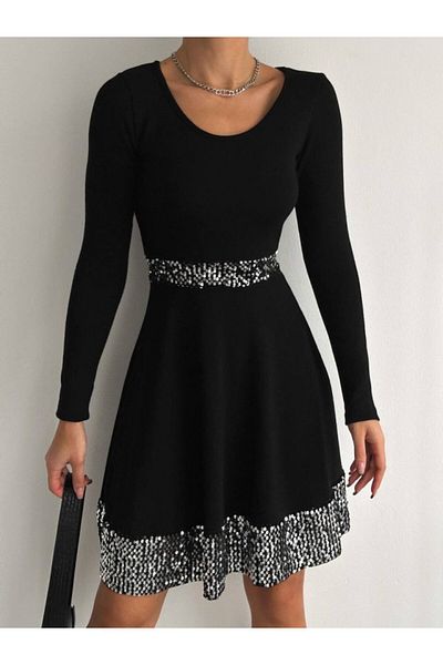 İpeksi Silky Women's Crew Neck Waist and Skirt Sequin Detail Opportunity Product Above Knee Dress