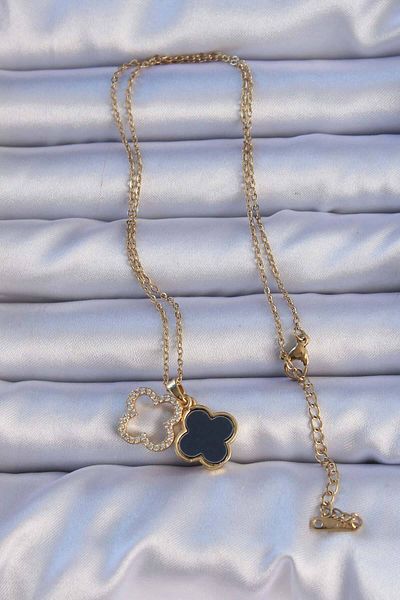 Skygo 316L Steel Gold Color Black Enamel Zircon Stone Clover Figured Necklace - Tj-Bko9198
