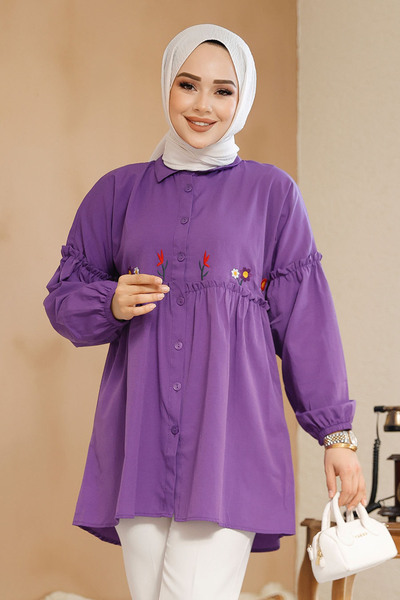 Neva Style Embroidery Patterned Purple Hijab Tunic 40603Mor