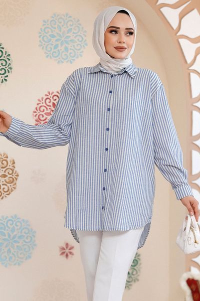 Neva Style Cămașă hijab albastră cu dungi 52291M