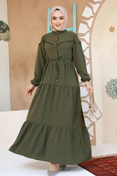 Neva Style فستان حجاب كاكي مطوي بطيات 10334HK