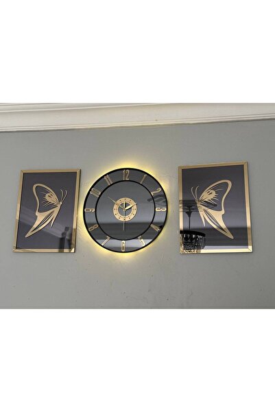 harika crown Aynalı Model 2 Li Kelebek Tablo Ve Saat Seti 40