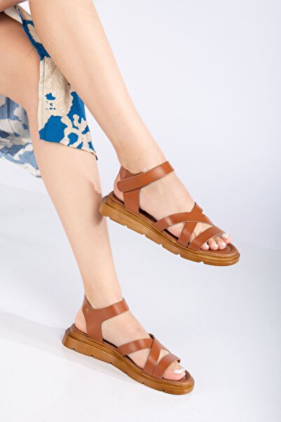MaskButik Tan Colored Maya Genuine Leather Sandals