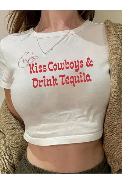 weywot Worm Boutique Y2k - Kiss Cowboys με στάμπα Tequila Crop Top Body Μπλούζα