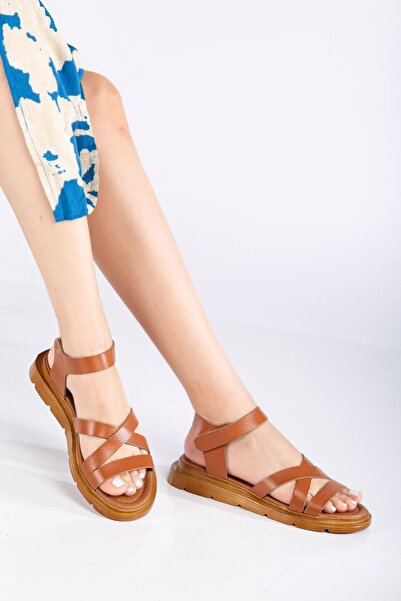 MaskButik Tan Colored Maya Genuine Leather Sandals