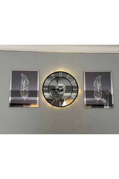 hibiscus Aynalı Model 2 Li Tüy Tablo Ve Saat Seti 40