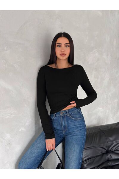 Moda Küpü بلوزة نسائية ذات رقبة قارب ناعمة باللون الأسود