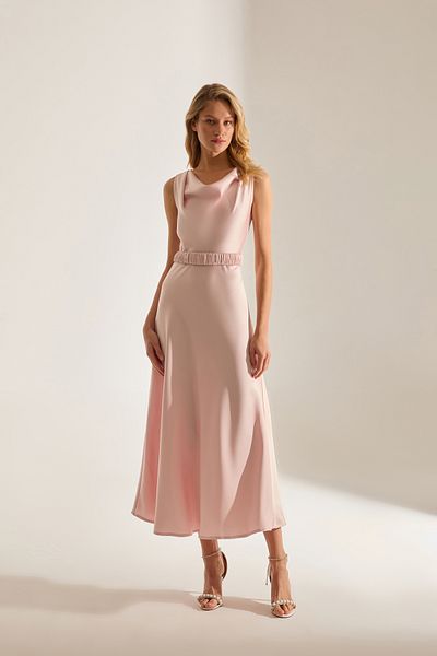BETTY & SAM Marina Sleeveless Degaje Neckline Flared Hem Powder Engagement Dress