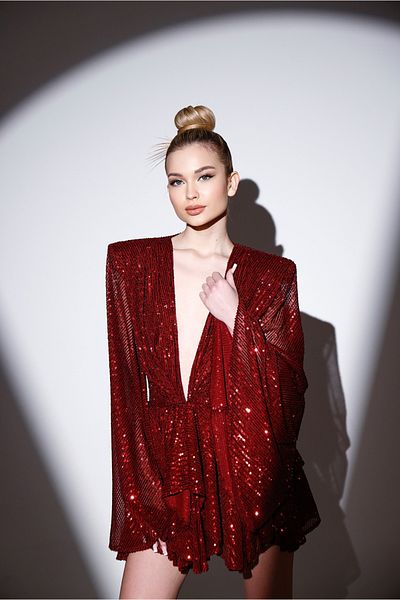 Gira official Burgundy Sequined Wide Sleeve Detail Dress
