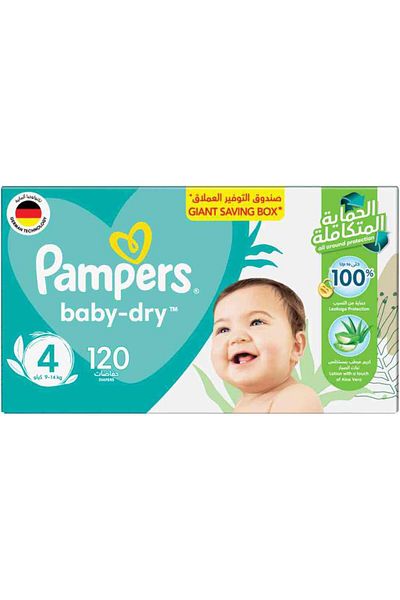 Pampers Aloe Vera, Size 4, Maxi, 9-14kg, Giant Box, 120 Taped Diapers