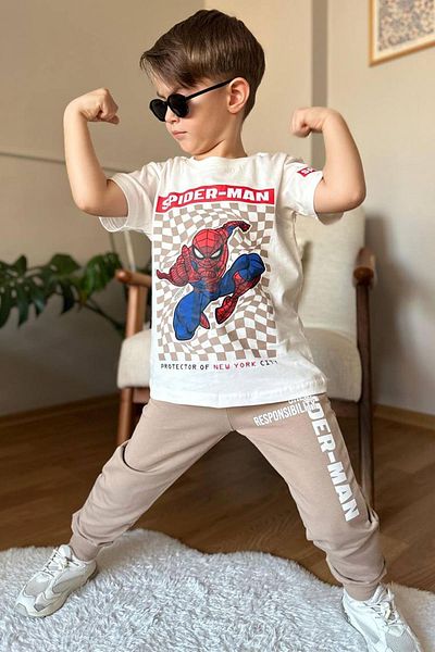 Riccotarz Boy's Square Pattern and Spiderman Detail and Text Printed T-Shirt Beige Tracksuit Set