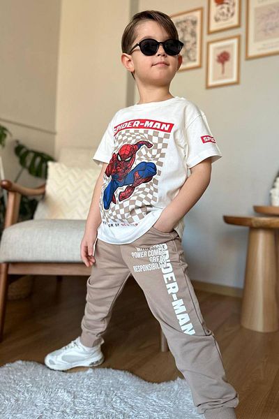 Riccotarz Boy's Square Pattern and Spiderman Detail and Text Printed T-Shirt Beige Tracksuit Set