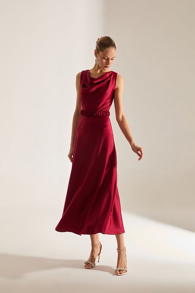 BETTY & SAM Marina Sleeveless Degaje Neckline Flared Hem Dark Red Engagement Dress