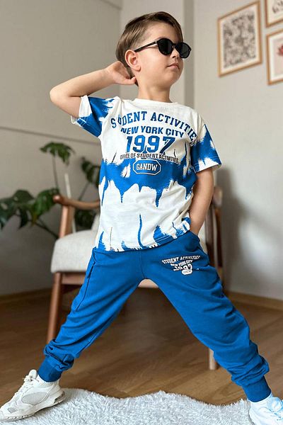 Riccotarz Tricou pentru băieți New York City și costum de trening albastru cu imprimeu text