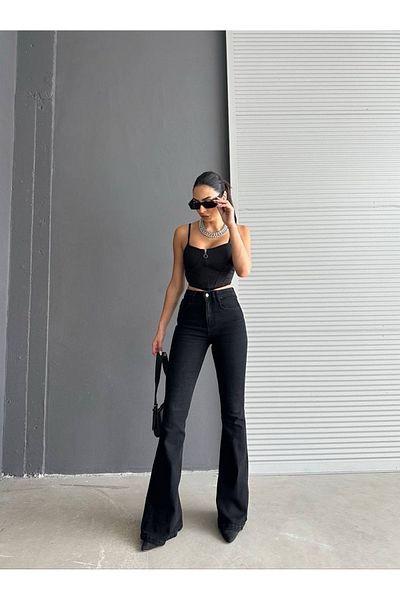 LİMABEL Silver Black Spanish Flare Jeans - High Waist Lycra by Milan Julia Vanessa 2025