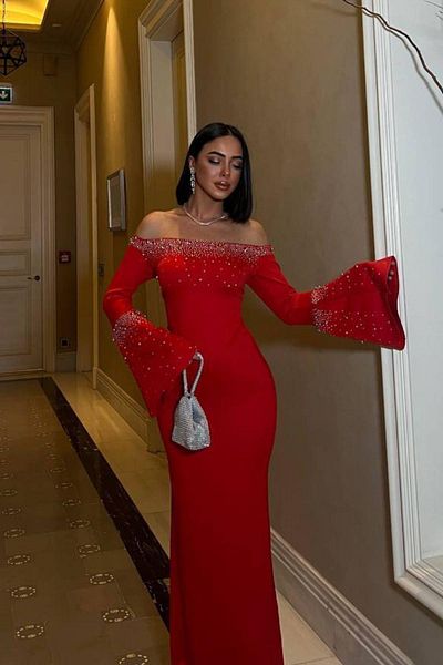 Mossta Red Scuba Evening Dress - Stone Detailed Spanish Sleeve