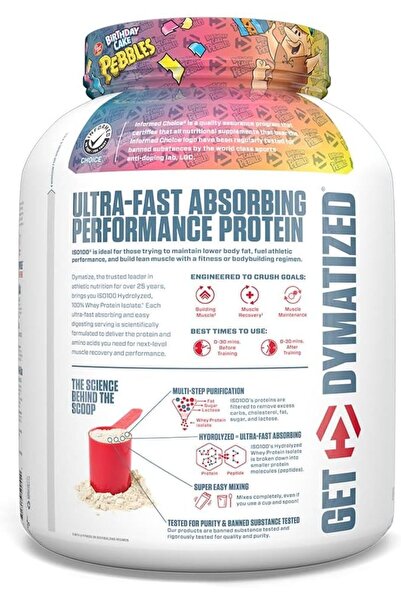 Dymatize ISO 100 Hydrolyzed whey protein isolate, Birthdaycake Pebbles, 5 LB