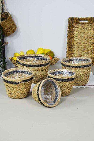 SepetçiBaba Naturel Hasır Sepet Organizer, Saksı, Mutfak, Banyo 5 Boy Siyah Ş...