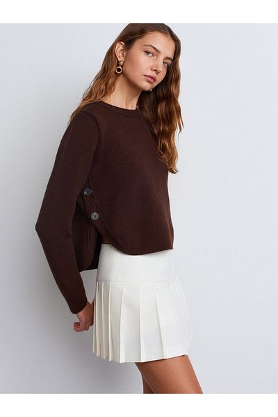 Dilvin 10702 Crew Neck Side Button Knitwear Sweater-Coffee