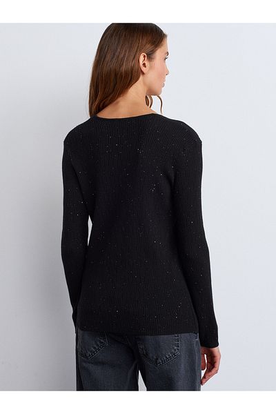Dilvin 10708 V-Neck Sequin Soft Texture Thin Knitwear Sweater-Black