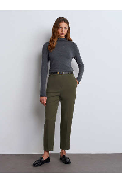 Dilvin 71293 Kemerli Yüksek Bel Pantolon-Yeşil