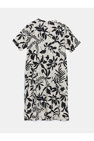 LC Waikiki Γυναικείο φόρεμα LCW Grace Ecru με λαιμόκοψη Floral λινό ανάμεικτο
