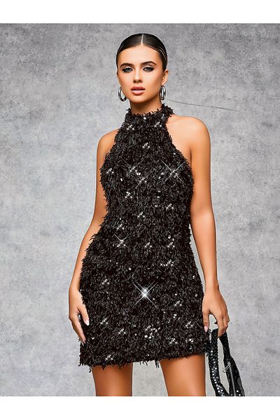 PİNKNİGHT Black Sequin Velvet Mini Dress Valentine's Day