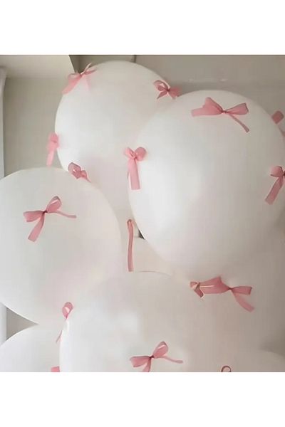 Çemrek Süs Parti White Latex Balloon with Pink Bow 10 Pieces 12 Inches