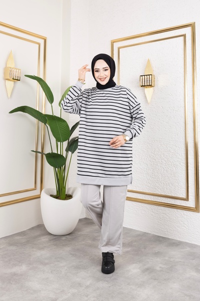 Sfg Life Moda Γυναικείο Σετ Τουνίκ Μαντιλάκι με Γκρι Ποδηλατικό Λαιμόκοψη και Ριγέ Πανταλόνι 2 Κλωστών