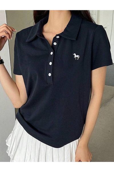 Touz Moda Тениска с копчета и къс ръкав с щампа на еднорог